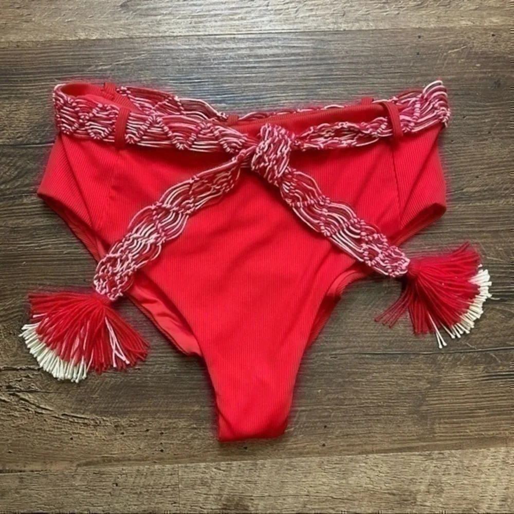 NWT Cosita Linda Red Bikini Bottoms Tassel Tie High Cut Small